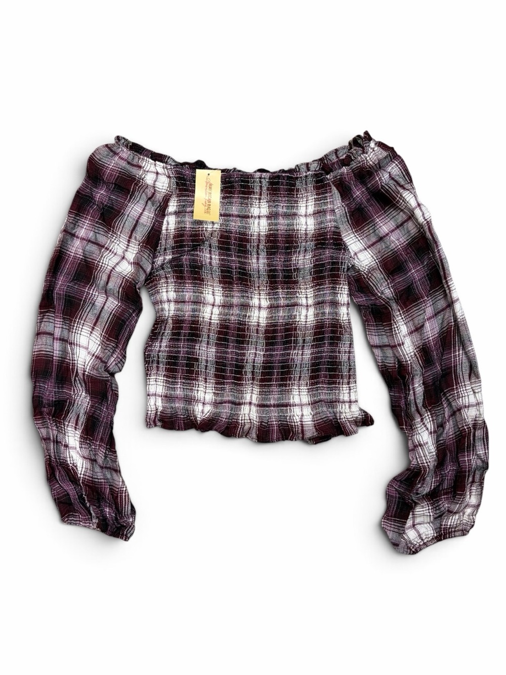 Off-Shoulder Plaid Crop Top in Burgundy and White